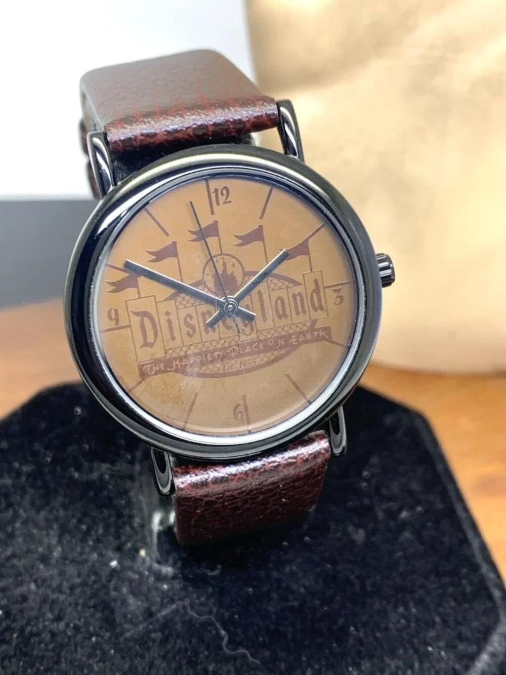 Disney Time Works Disneyland Unisex Watch Black Quartz Brown Leather Strap 34mm